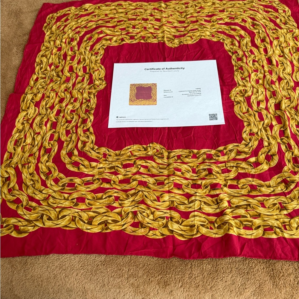 CHANEL 100% silk Red and Gold Silk Scarf